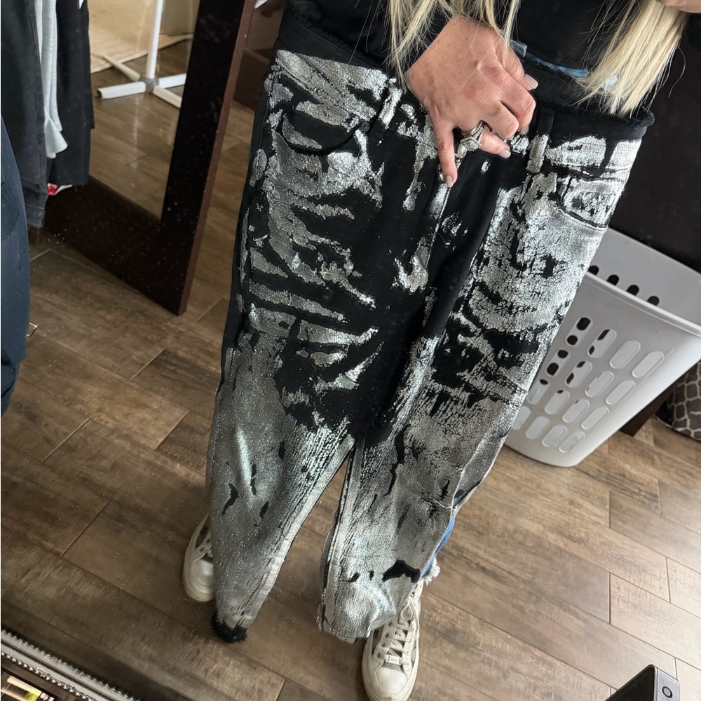 Judith MarchBlack and Silver Metallic Abstract  Pants